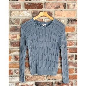 Minnie Rose Blue Cotton Distressed Cable Knit Crew Pullover Sweater, XS